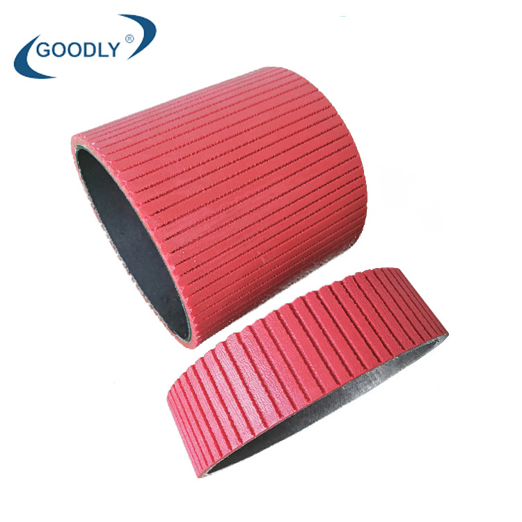 Red rubber coating timing belt drive flat belt with vertical grooves for paged machine belt