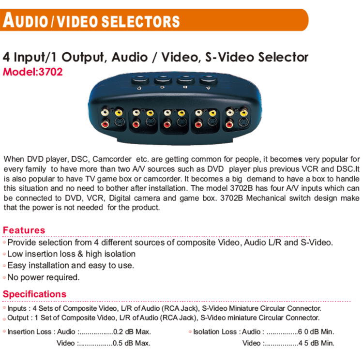 Factory Wholesale Hot Sell 4 Input Audio/Video/S-Video Selector RCA AV Switch