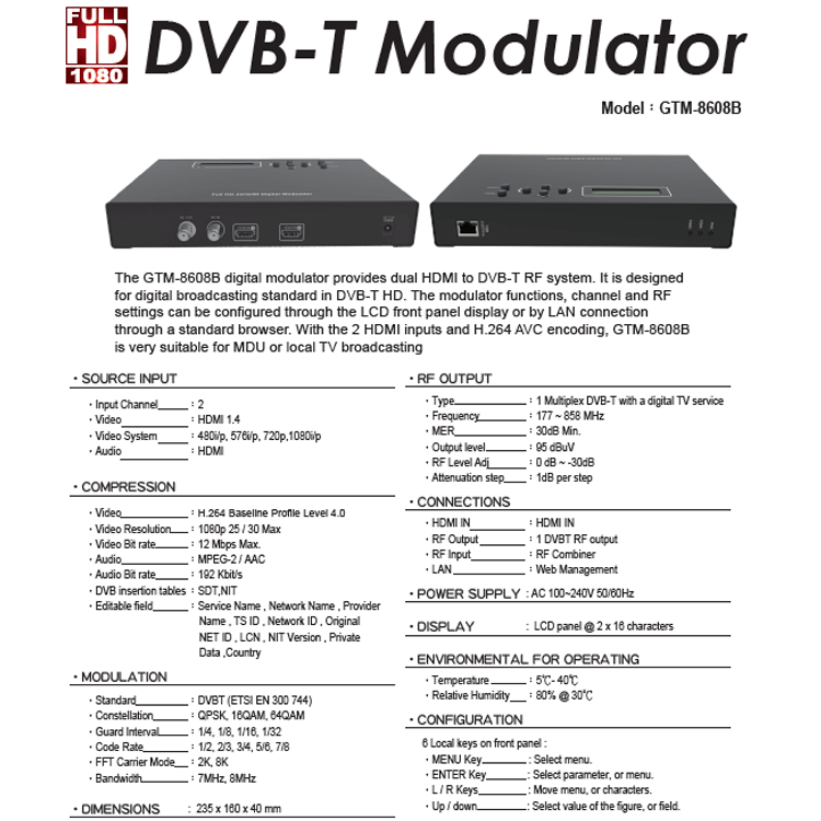 Hot Sell High Quality Full HD 2 X HDMI Digital Encoder Terrestrial Modulator 2CH HDMI To DVB-T Rf Modulator