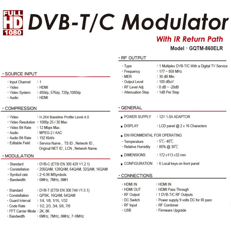 Good Mind GME Digital Encoder Terrestrial 4K HD 1CH HDMI TO Rf DVB-T/C DVB-T+C DVB-C DVB-T Modulator With IR Return Path