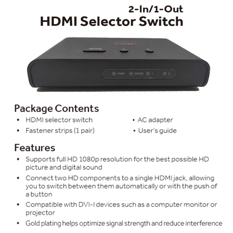 New Style 2-In/1-Out HDMI Selector Matrix Video Switch