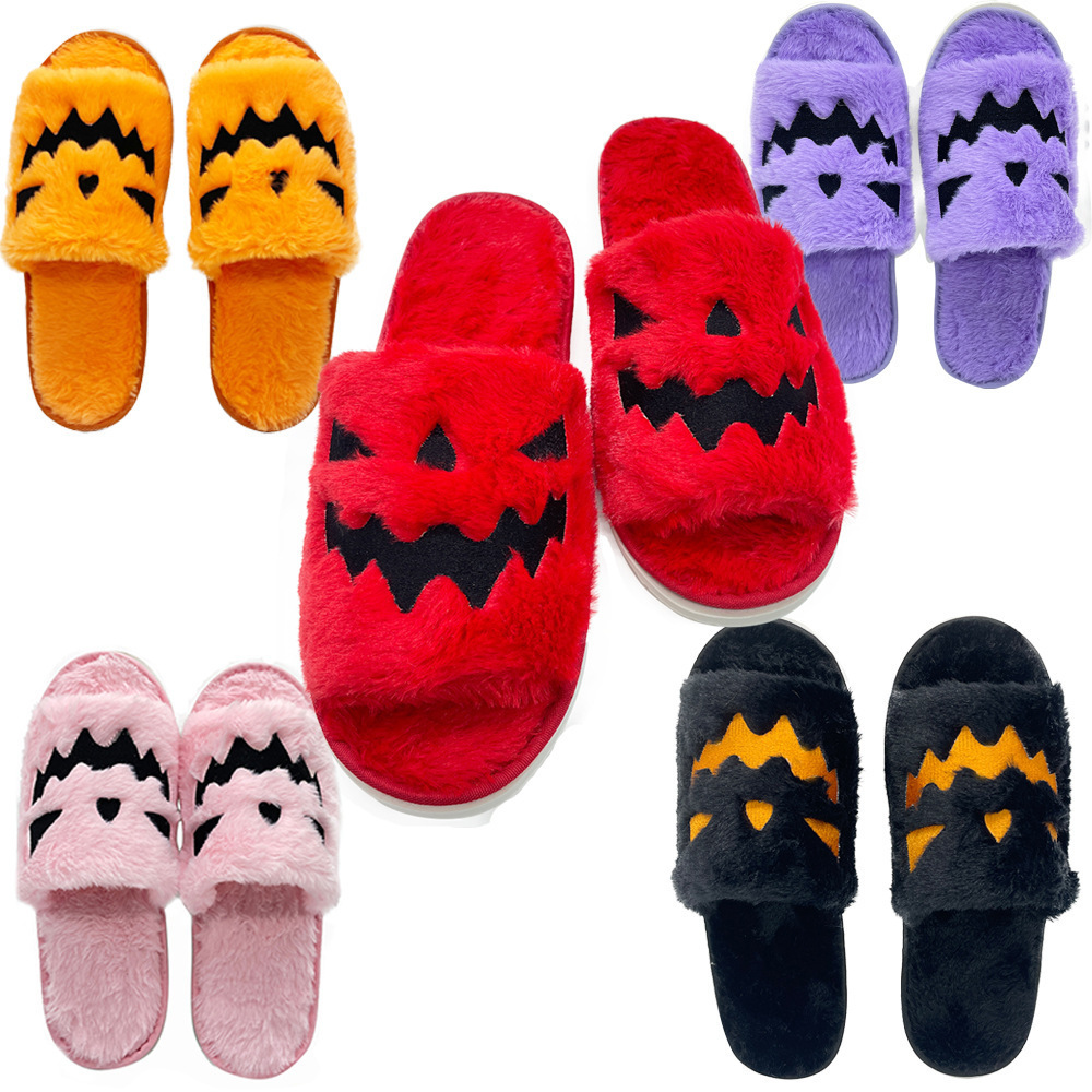 Womens Slippers 2023 Fashion Fur Fluffy Warm Cotton Winter Slippers Pumpkin Halloween Slippers