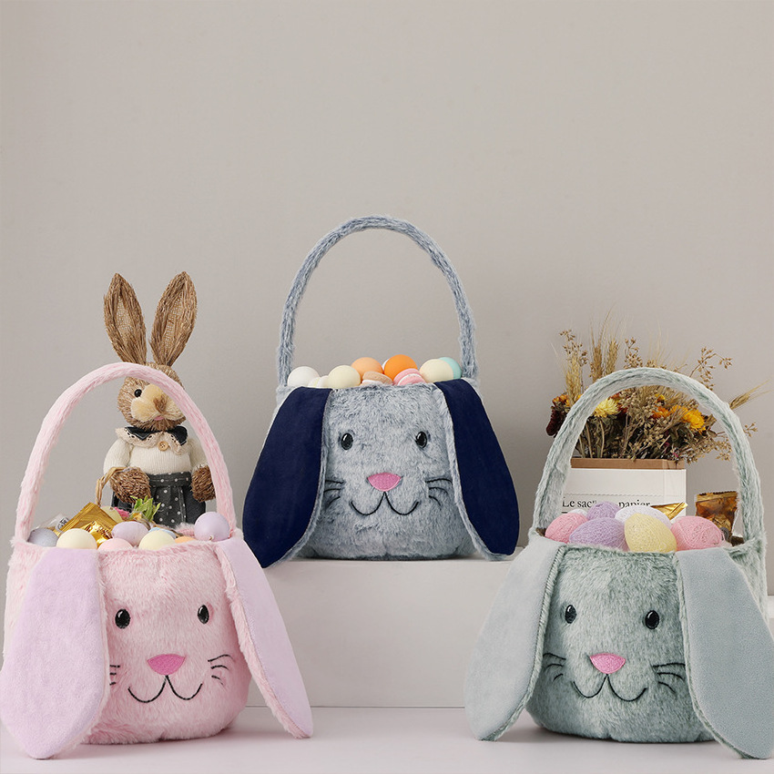 2024 Custom Wholesale Decoration Plush Bucket Gift Bags Floppy Ears Gift Bunny Easter Baskets