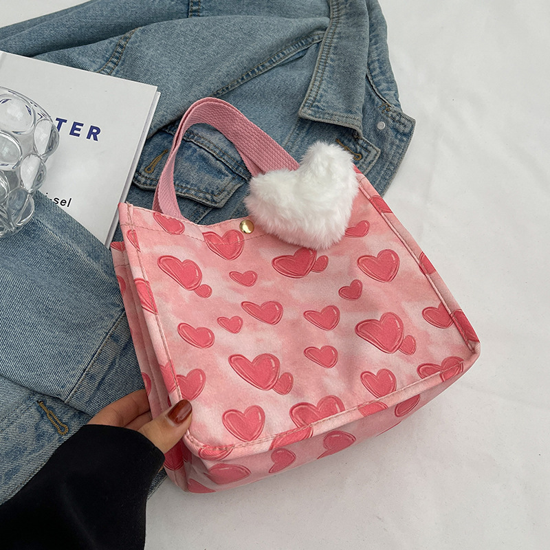 Valentine's Day Bag Gift 2024 Spring Portable Commute Fur Heart Bag Canvas Tote Bag With 2 Size