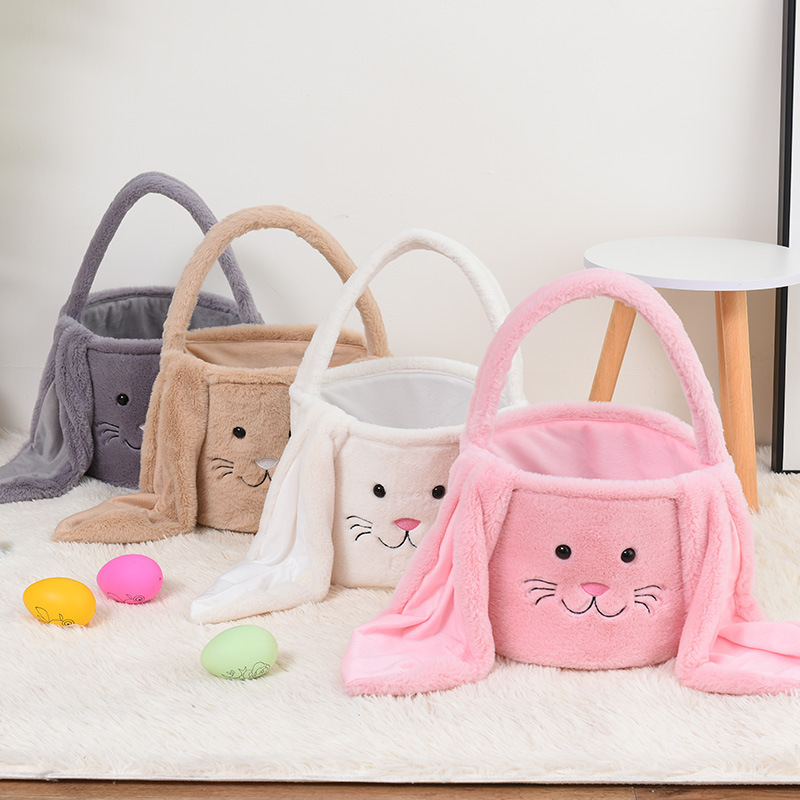 Custom Easter Day Easter Bucket Soft Long Rabbit Ears Bunny Eggs Cute Candy Gifts Storage Tote Bags Plush Easter Basket