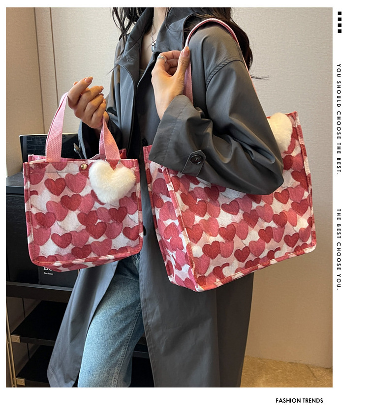 Valentine's Day Bag Gift 2024 Spring Portable Commute Fur Heart Bag Canvas Tote Bag With 2 Size