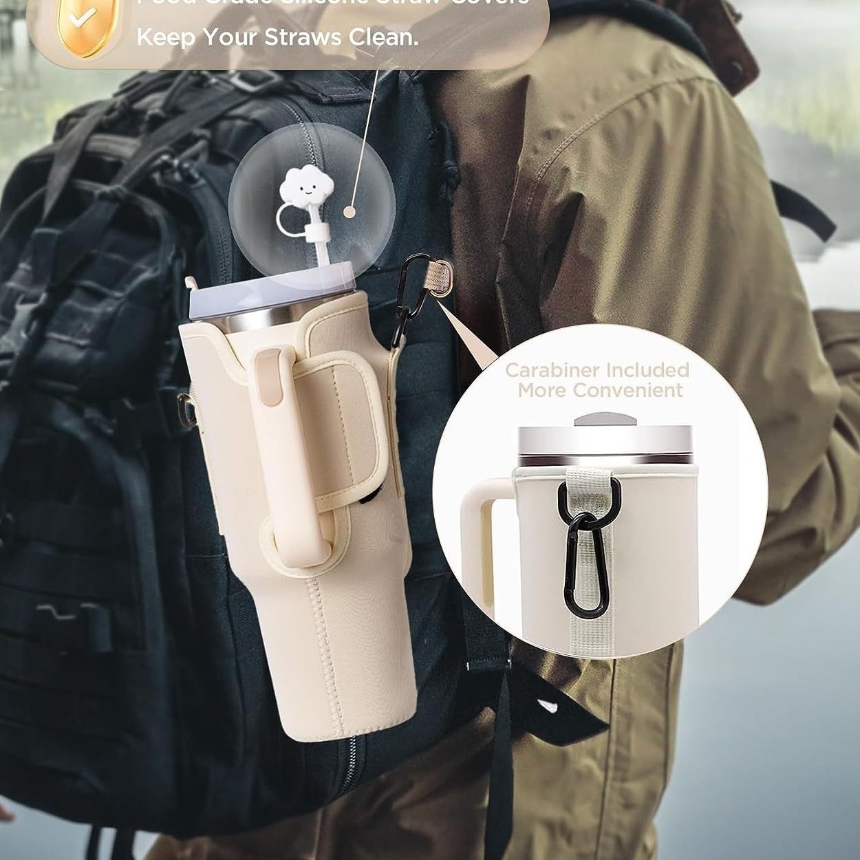 Trendy Adjustable Strap Neoprene 40Oz Water Bottle Carrier Sleeve Pouch Tumbler Cup Holder Sling Bag With Zipper Phone Pocket