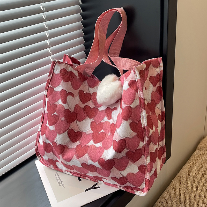 Valentine's Day Bag Gift 2024 Spring Portable Commute Fur Heart Bag Canvas Tote Bag With 2 Size