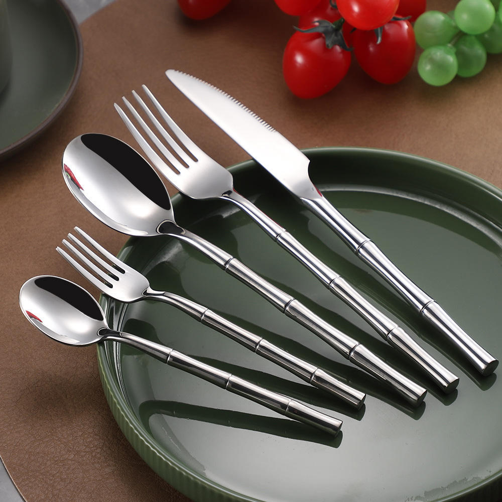 Hot Sale 304 Stainless Steel Bamboo Handle Cutlery Set Knife Fork Spoon Silverware Wedding Flatware Set