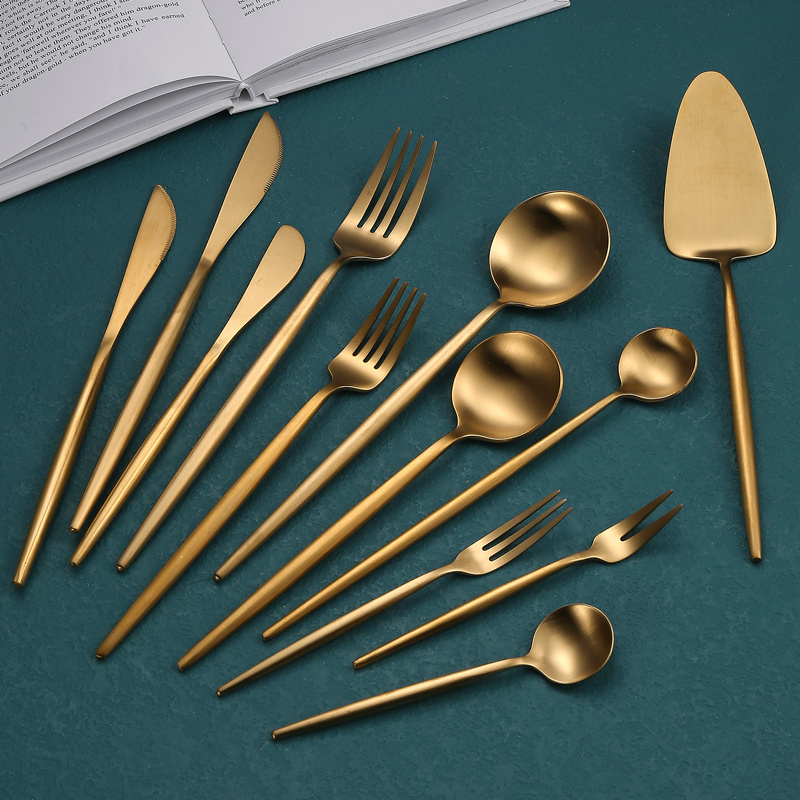 Heavy Thick Handle Portugal Cutipol Flatware Stainless Steel 18 10 Fork Spoon Matte Gold Cutlery Set for Wedding