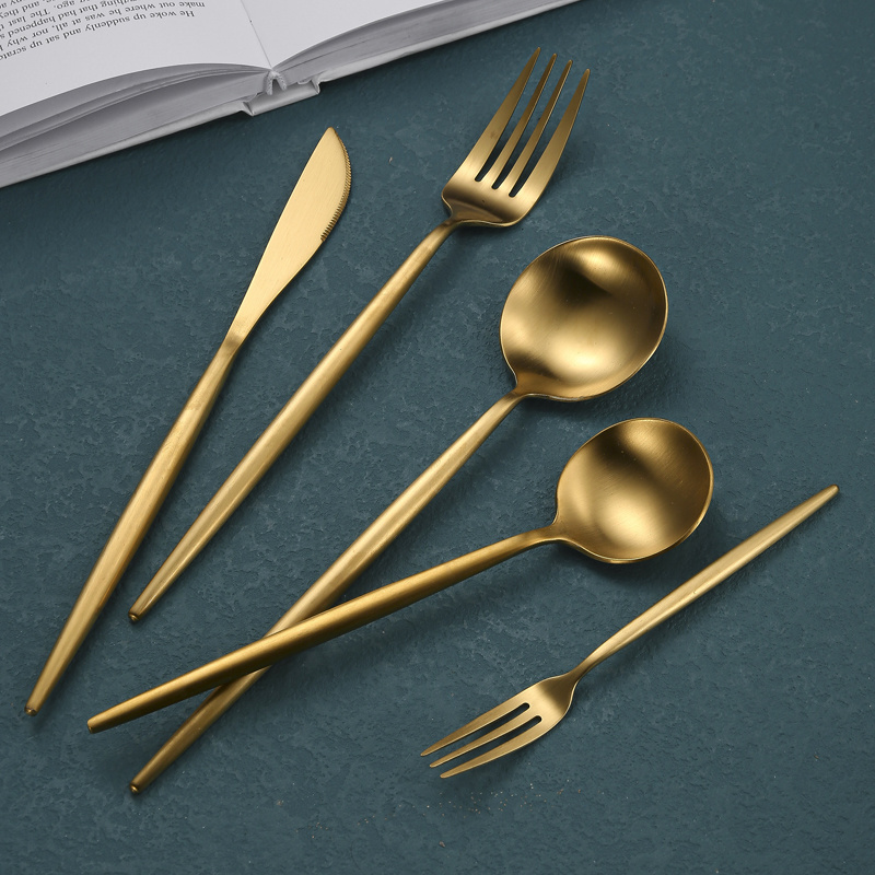 Heavy Thick Handle Portugal Cutipol Flatware Stainless Steel 18 10 Fork Spoon Matte Gold Cutlery Set for Wedding