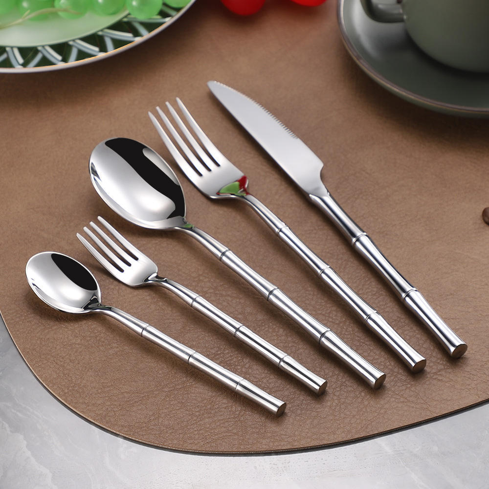 Hot Sale 304 Stainless Steel Bamboo Handle Cutlery Set Knife Fork Spoon Silverware Wedding Flatware Set