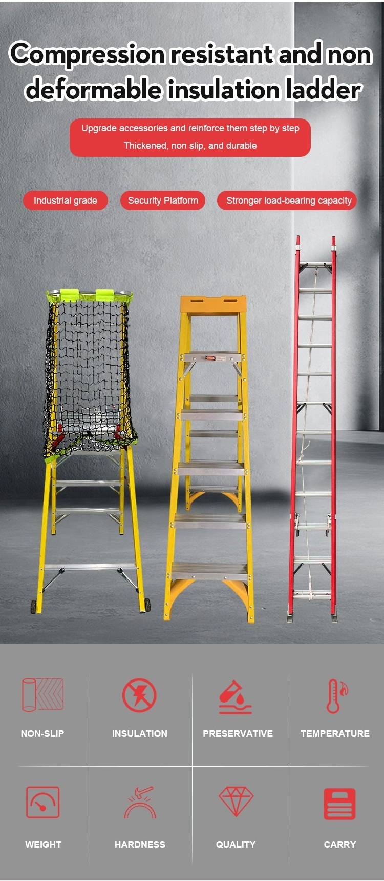 16 20 24 28 32 36 40steps Insulation Lightweight Frp Fiberglass Extension Ladder