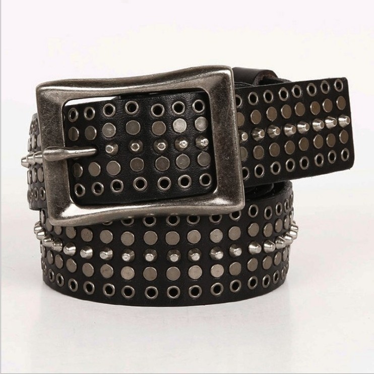 Women Punk Rivet Belt Hollow Genuine Leather Wide Alloy Buckle Waist Belts