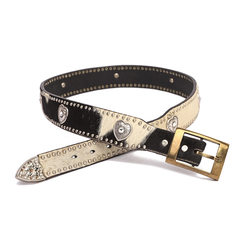 Premium Western Rhinestone Belt Horse Hair Belt Cowhide Leather Studded crystal Concho Belt for Women Men