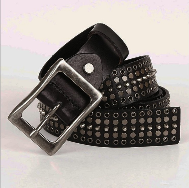 Women Punk Rivet Belt Hollow Genuine Leather Wide Alloy Buckle Waist Belts