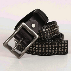 Women Punk Rivet Belt Hollow Genuine Leather Wide Alloy Buckle Waist Belts