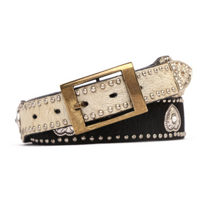 Premium Western Rhinestone Belt Horse Hair Belt Cowhide Leather Studded crystal Concho Belt for Women Men