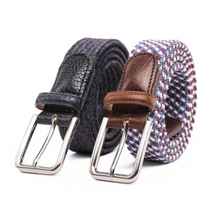 superior quality fabric woven with stretched  leather belt mens  belt silver  buckle men custom belt buckles leather