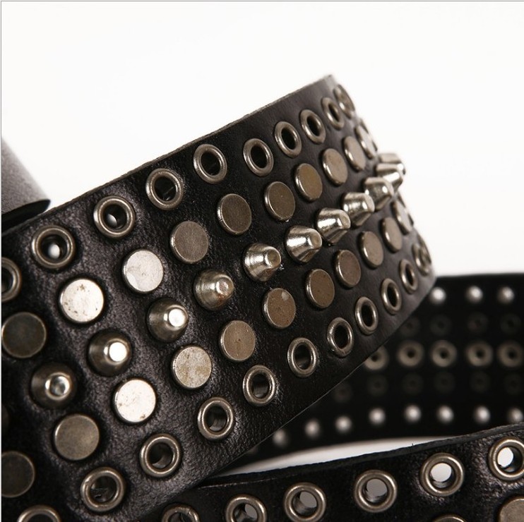 Women Punk Rivet Belt Hollow Genuine Leather Wide Alloy Buckle Waist Belts