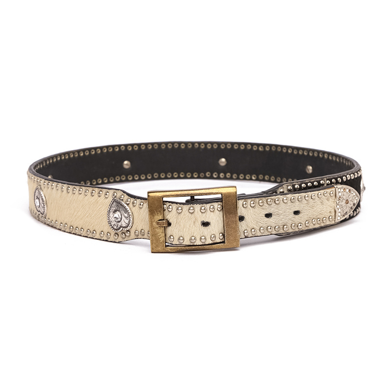 Premium Western Rhinestone Belt Horse Hair Belt Cowhide Leather Studded crystal Concho Belt for Women Men