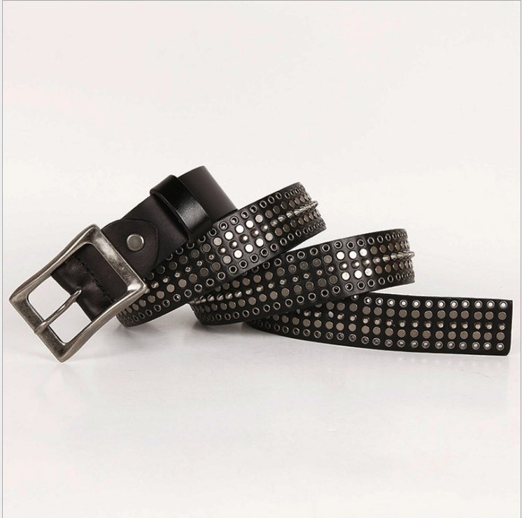 Women Punk Rivet Belt Hollow Genuine Leather Wide Alloy Buckle Waist Belts