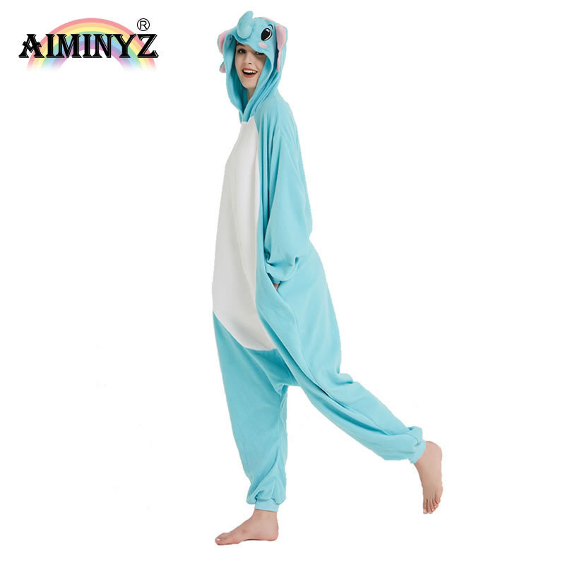 AIMINYZ Wholesale Winter Women Animal Cute Cartoon Polar Fleece Flannel Adult Onesie Elephant Blue Sleepwear Loose Pajamas