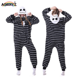 AIMINYZ ODM Adult Pajamas Polar Fleece Customize Cartoon Pajamas For Women Hoodie Onesie Stripe Black  Sleepwear Animal Costume