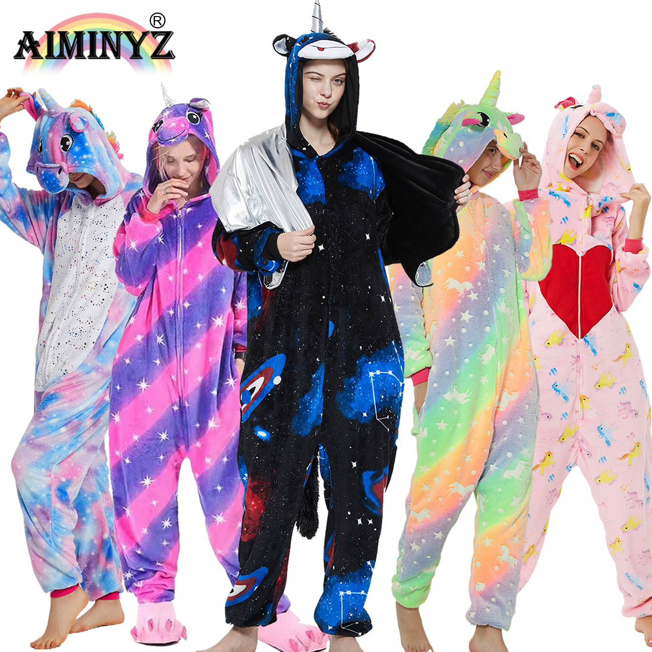 AIMINYZ Newest Wholesale Unisex Winter Animal Flannel Onesie Velvet Pajamas Set Cartoon Sleepwear for Woman Kids Pijama Unicorn