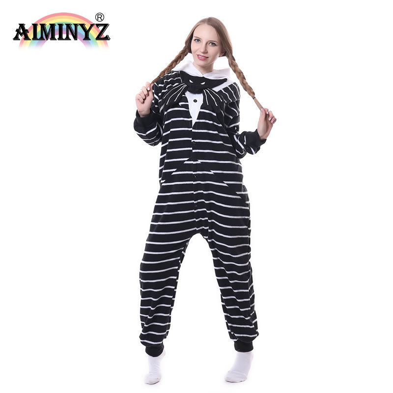 AIMINYZ ODM Adult Pajamas Polar Fleece Customize Cartoon Pajamas For Women Hoodie Onesie Stripe Black  Sleepwear Animal Costume