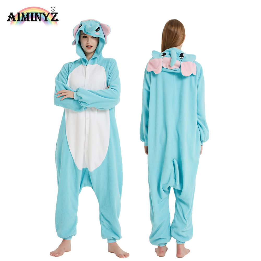 AIMINYZ Wholesale Winter Women Animal Cute Cartoon Polar Fleece Flannel Adult Onesie Elephant Blue Sleepwear Loose Pajamas