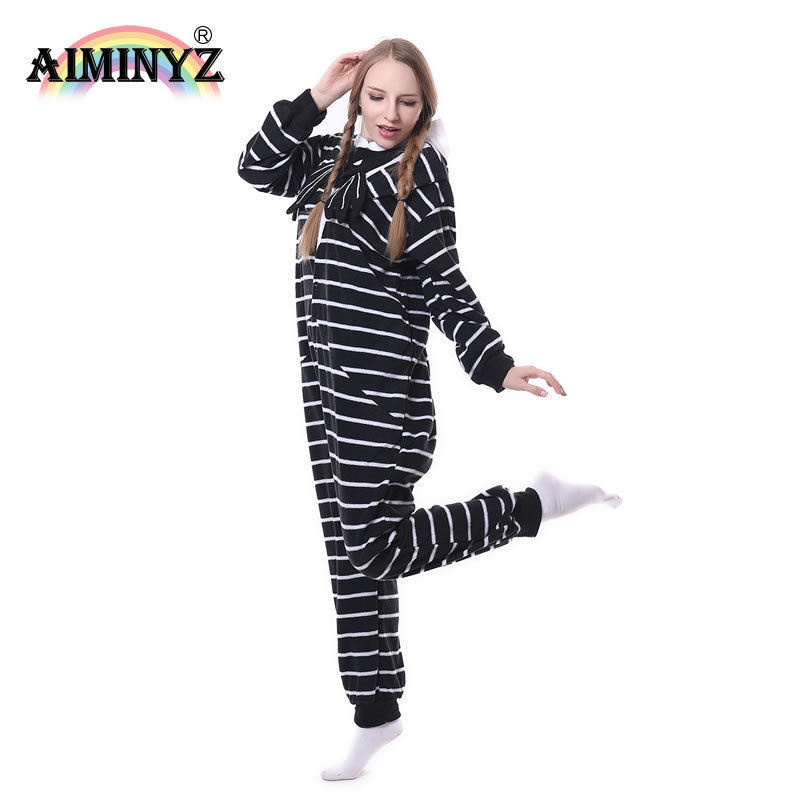 AIMINYZ ODM Adult Pajamas Polar Fleece Customize Cartoon Pajamas For Women Hoodie Onesie Stripe Black  Sleepwear Animal Costume