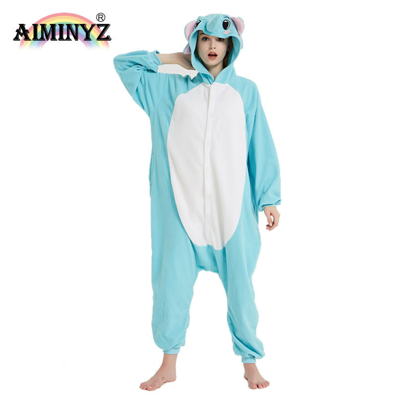 AIMINYZ Wholesale Winter Women Animal Cute Cartoon Polar Fleece Flannel Adult Onesie Elephant Blue Sleepwear Loose Pajamas