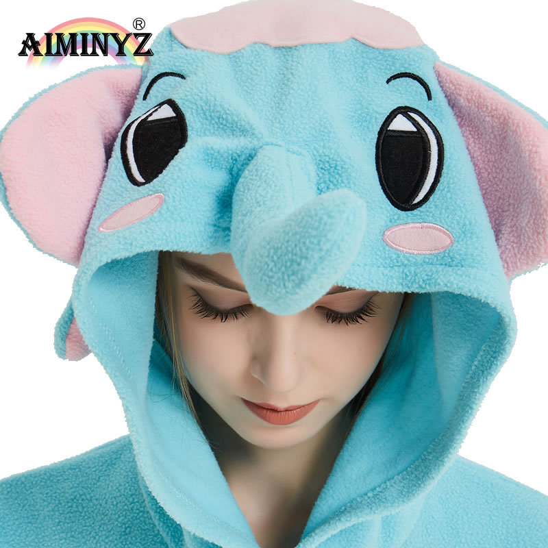 AIMINYZ Wholesale Winter Women Animal Cute Cartoon Polar Fleece Flannel Adult Onesie Elephant Blue Sleepwear Loose Pajamas