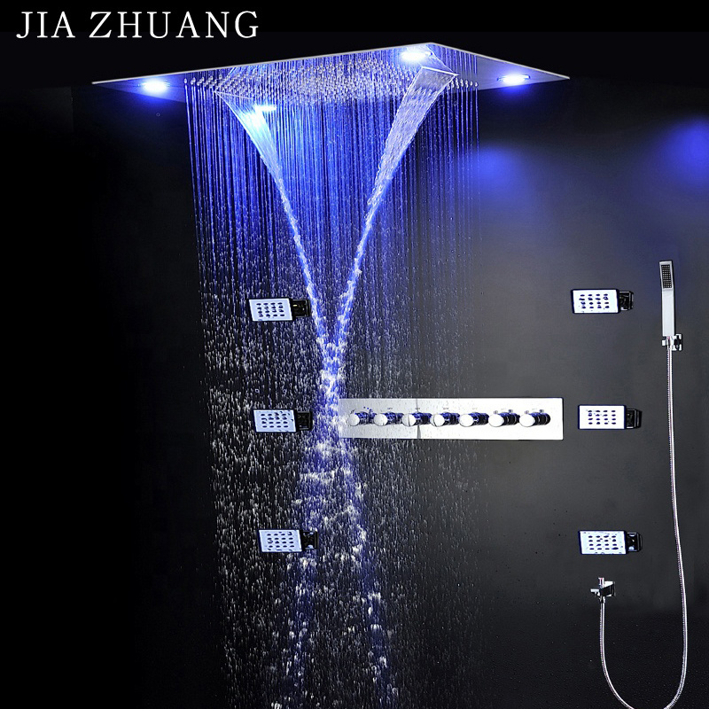 Luxury Bathroom Rainfall Shower Heads Ceiling Waterfall SPA mist LED Shower panel 6 Ways Thermostatic Shower Diverter Faucets