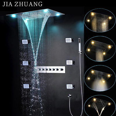 Luxury Bathroom Rainfall Shower Heads Ceiling Waterfall SPA mist LED Shower panel 6 Ways Thermostatic Shower Diverter Faucets