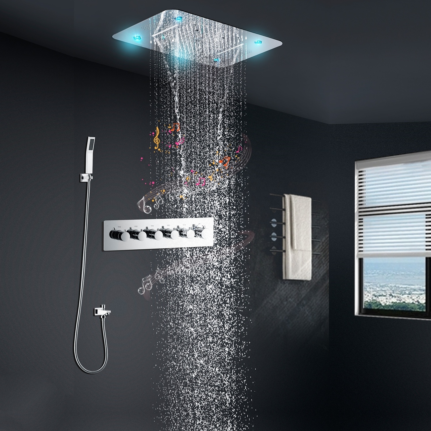 580*380 MM ceiling LED Music shower set stainless steel family hotel luxury bathroom rain mist water column waterfall spa shower