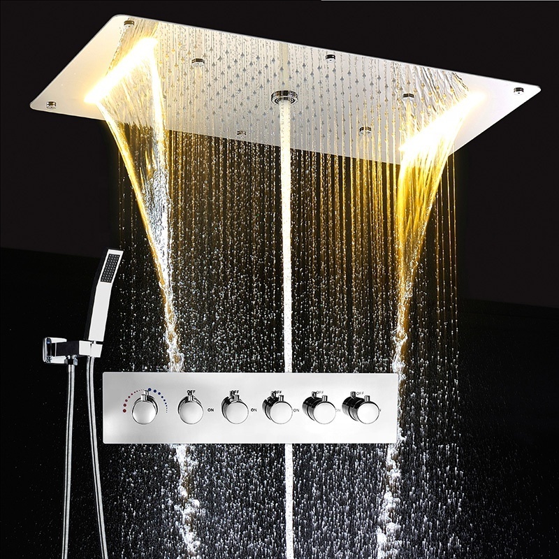 Newest Cheap Stainless Steel 5 Way Diverter Mixer Set led Rain Shower Head Hand Held Shower With Body SPA Massage Jets Set