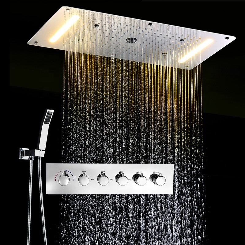 Newest Cheap Stainless Steel 5 Way Diverter Mixer Set led Rain Shower Head Hand Held Shower With Body SPA Massage Jets Set