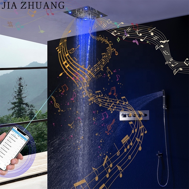 Multi-function Ceiling Mounted Installation Phone Control Music Colorful LED Shower Head Set With Hand Bathroom Trim Kit