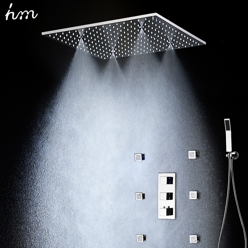 Rainfall Shower Heads Led Light with Temperature Spa Misty 500*500mm Ceiling Rain Shower Waterfall Massage Bathroom Showerheads