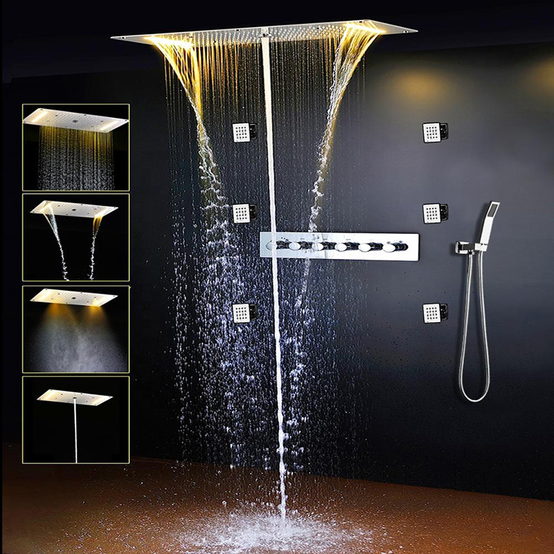 Bathroom led rainfall shower set 380*700mm embed ceiling rain showerhead set thermostatic diverter valve with massage body jets