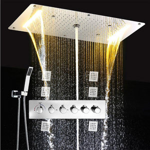 Bathroom led rainfall shower set 380*700mm embed ceiling rain showerhead set thermostatic diverter valve with massage body jets