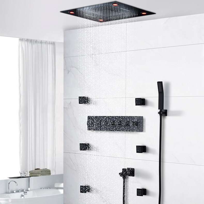 Brushed matt black bathroom rainfall shower Thermostatic large flow shower mixer in wall mounted rain concealed shower set