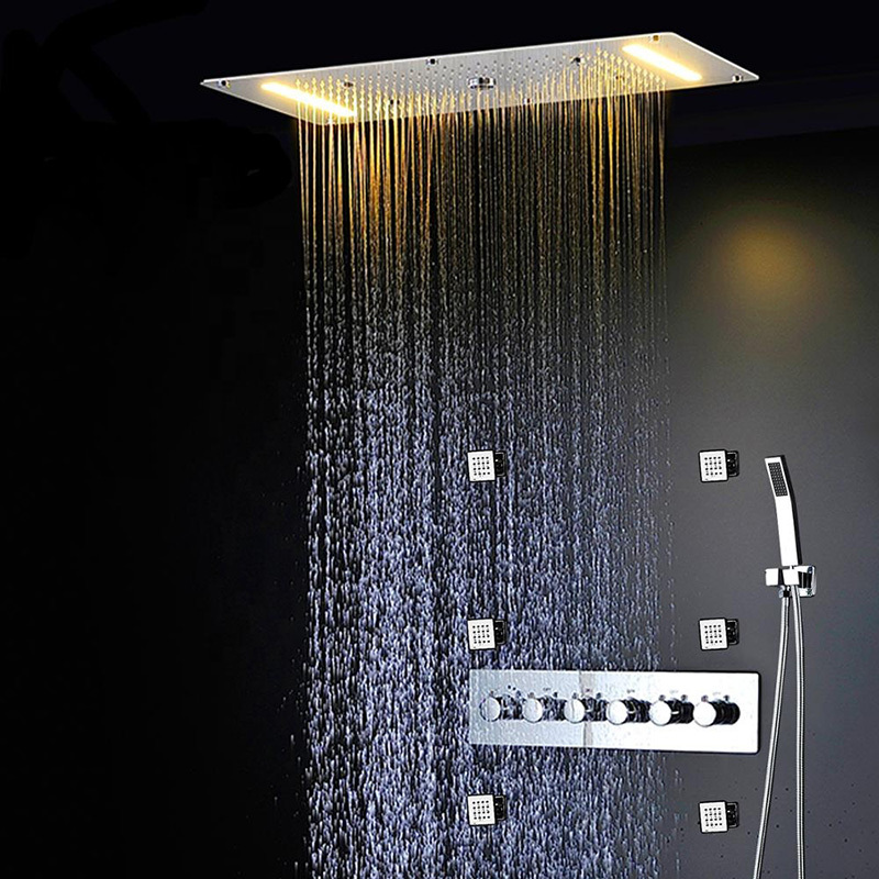 Bathroom led rainfall shower set 380*700mm embed ceiling rain showerhead set thermostatic diverter valve with massage body jets