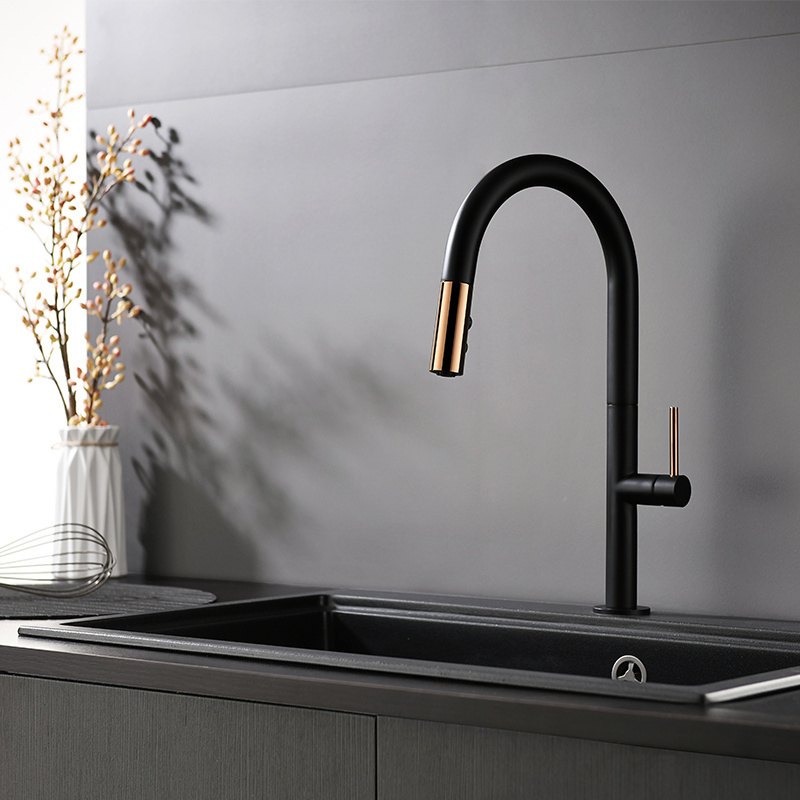 2023 Luxury upc pullout brass gold sink taps pull out kitchen faucet matt black with pull down sprayer