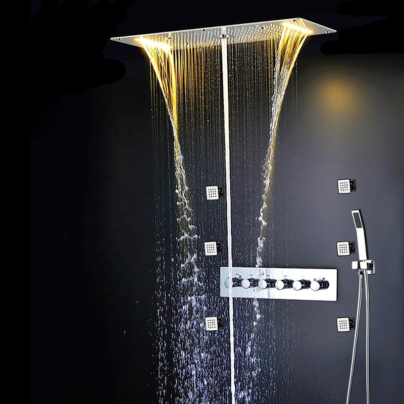 Bathroom led rainfall shower set 380*700mm embed ceiling rain showerhead set thermostatic diverter valve with massage body jets