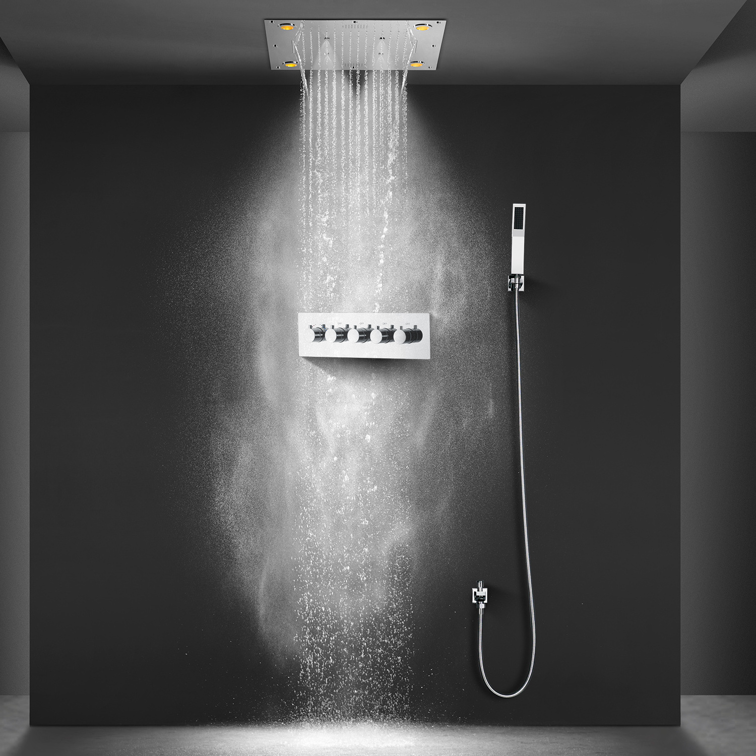 Modern Music Shower head 600*600MM Chrome Waterfall Mist Rain Ceiling Mounted LED Shower Set