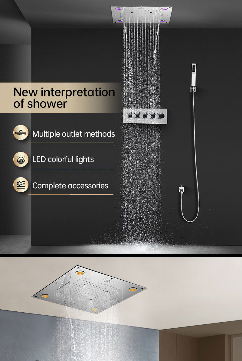 Modern Music Shower head 600*600MM Chrome Waterfall Mist Rain Ceiling Mounted LED Shower Set