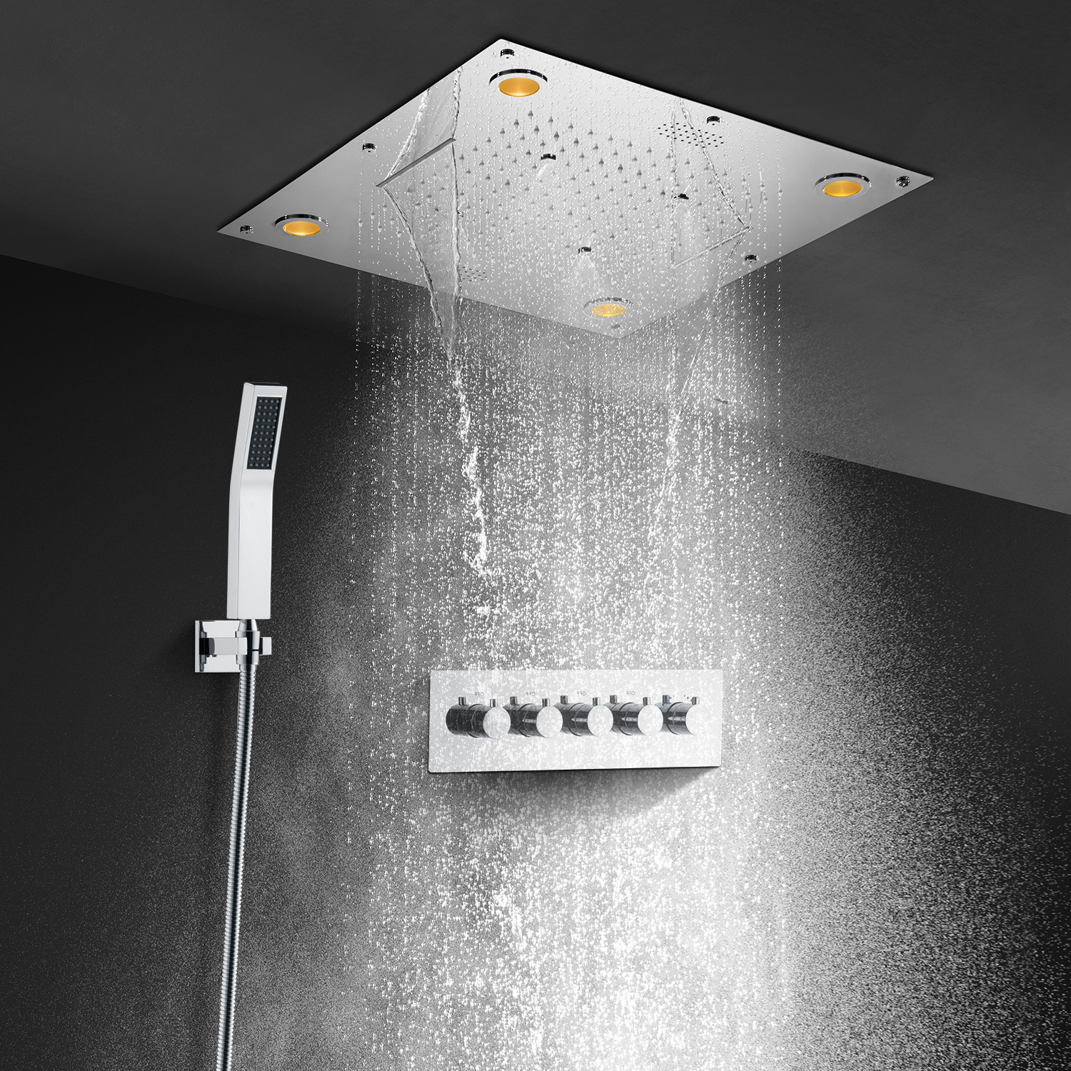 Modern Music Shower head 600*600MM Chrome Waterfall Mist Rain Ceiling Mounted LED Shower Set